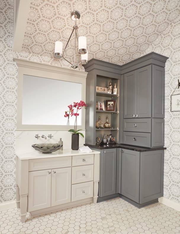 A Medium Density Fiberboard Bath featuring Preston cabinet doors in Willow and Gray Mist from Wellborn Cabinet, Inc.