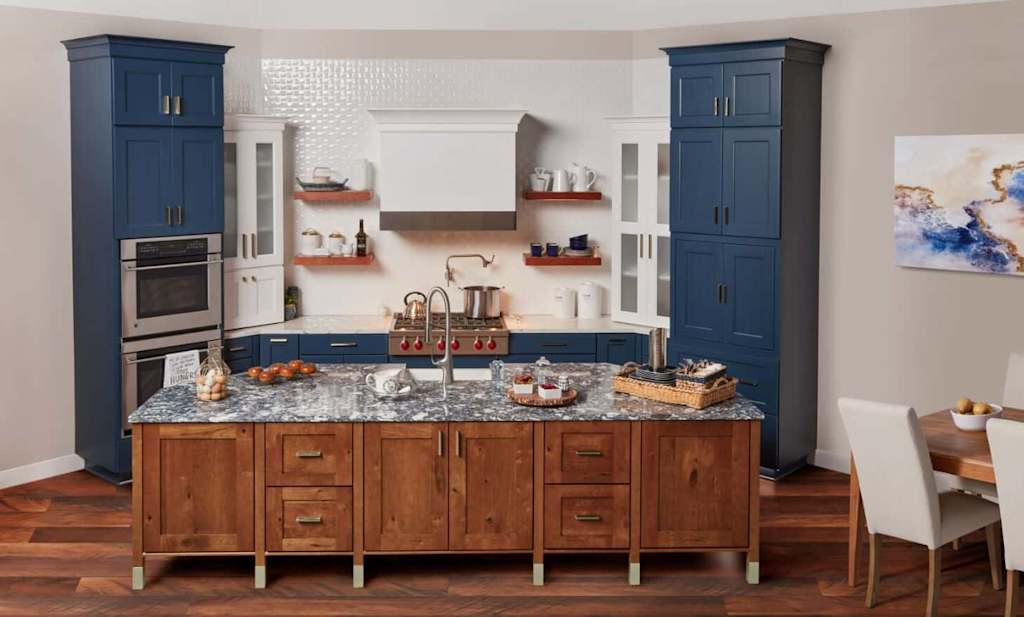 painted cabinets with cherry island
