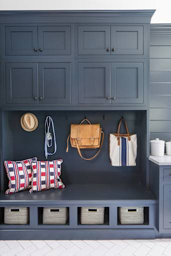 navy shaker mudroom cabinets bench seat tall storage 