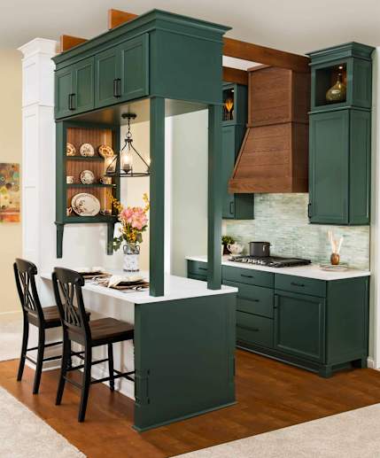 farmhouse cottage kitchen shiplap hood green cabinets