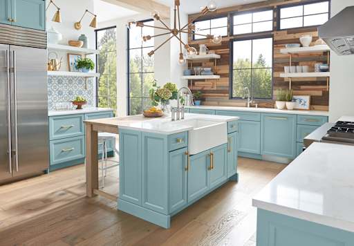 aqua kitchen cabinetry transitional open shelving 