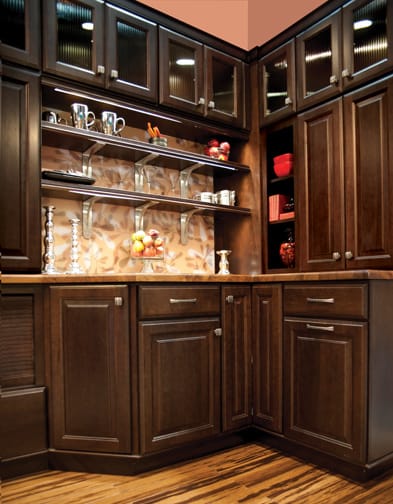 A Maple Hutch and Refreshment Areas featuring Bedford Square cabinet doors in Espresso from Wellborn Cabinet, Inc.