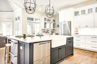 A Maple Kitchen featuring Hanover cabinet doors in Mink Gray from Wellborn Cabinet, Inc.
