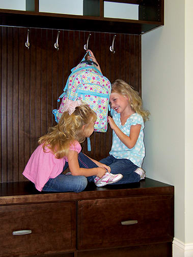 brown bench seat cabinets and storage