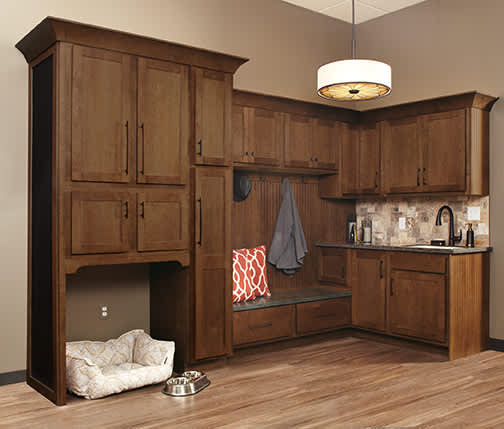 A Maple Mud Room featuring Franklin cabinet doors in Sable from Wellborn Cabinet, Inc.