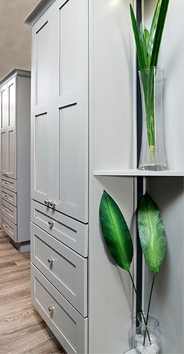 These Gray and Medium cabinets for the 2017 and 2016 Exhibit Booth home were provided by Wellborn Cabinet, Inc.