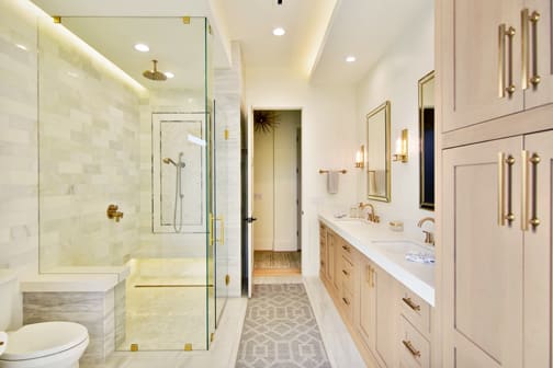A Maple Bath featuring Hanover Inset cabinet doors in Shale from Wellborn Cabinet, Inc.