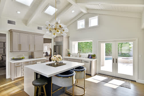 A Maple Kitchen featuring Hanover cabinet doors in Bleu and Dove from Wellborn Cabinet, Inc.