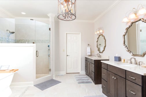 A Maple Bath featuring Millbrook Square cabinet doors in Drift from Wellborn Cabinet, Inc.