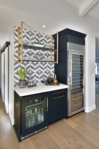A Maple Hutch and Refreshment Areas featuring Sandia cabinet doors in Bleu from Wellborn Cabinet, Inc.
