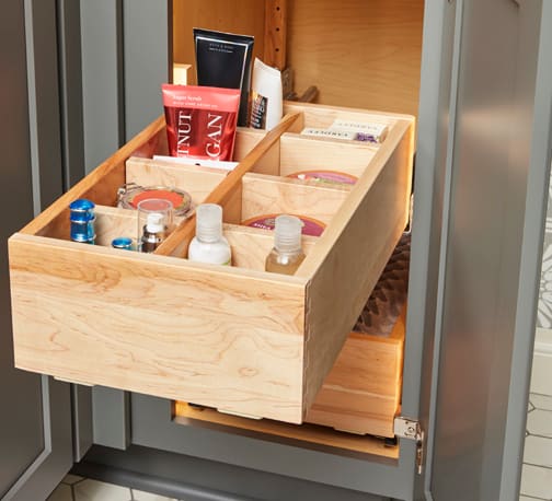 These Gray and Medium cabinets for the 2021 Exhibit Booth home were provided by Wellborn Cabinet, Inc.