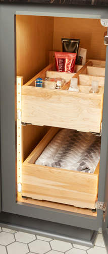 These Gray and Medium cabinets for the 2021 Exhibit Booth home were provided by Wellborn Cabinet, Inc.