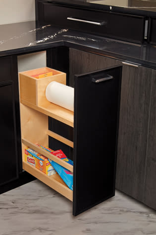 These Dark and Black cabinets for the 2022 Exhibit Booth home were provided by Wellborn Cabinet, Inc.