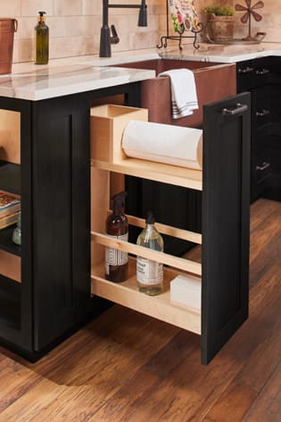 These Gray and Dark cabinets for the 2022 Exhibit Booth home were provided by Wellborn Cabinet, Inc.