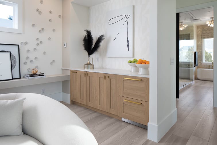 These Brown and Light cabinets for the 2022 The New American Home home were provided by Wellborn Cabinet, Inc.