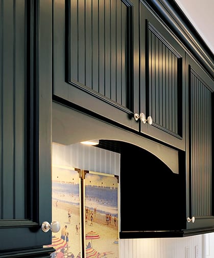 These Blue and Dark cabinets for the 2014 Echelon and Residential Home home were provided by Wellborn Cabinet, Inc.