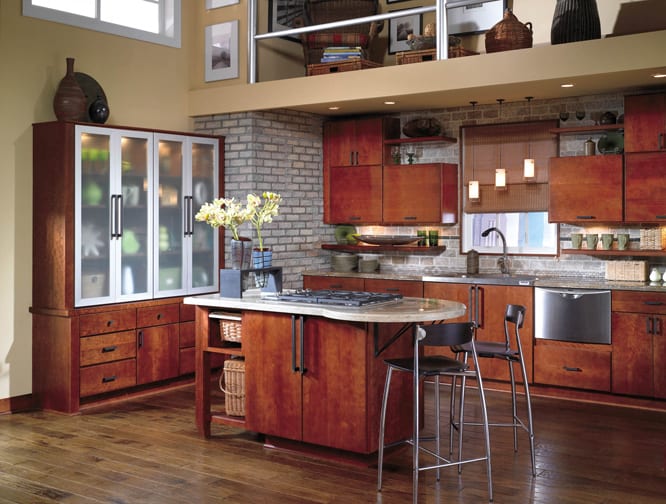 A Cherry Kitchen featuring Milan cabinet doors in Dark from Wellborn Cabinet, Inc.