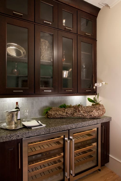 A Cherry Hutch and Refreshment Areas featuring Vienna cabinet doors in Espresso from Wellborn Cabinet, Inc.