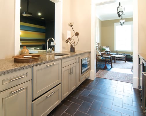 A Maple Hutch and Refreshment Areas featuring Sonoma cabinet doors in Pebble Java from Wellborn Cabinet, Inc.