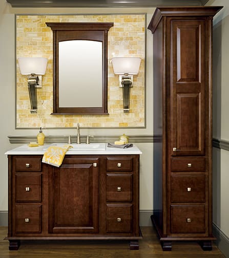 A Cherry Bath featuring Rose Hall Square cabinet doors in Sable from Wellborn Cabinet, Inc.