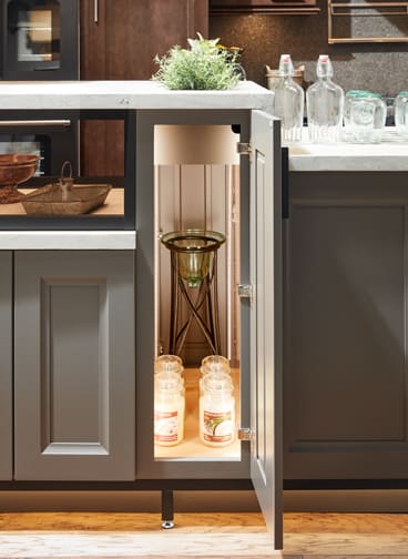 These Gray and Medium cabinets for the 2020 and 2019 Exhibit Booth home were provided by Wellborn Cabinet, Inc.