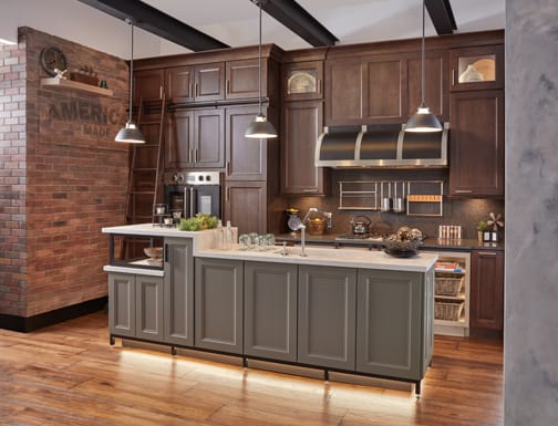 A Maple Kitchen featuring Antigua and Chelsea cabinet doors in Mink Gray, Suede, and Shale from Wellborn Cabinet, Inc.