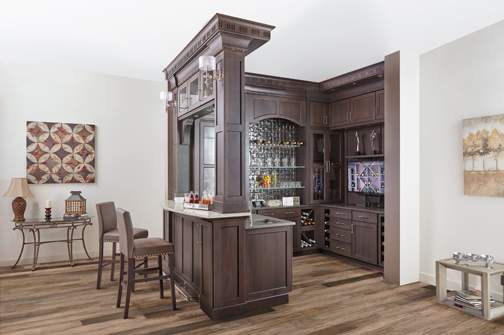 A Hickory Hutch and Refreshment Areas featuring Galena Square cabinet doors in Gauntlet from Wellborn Cabinet, Inc.