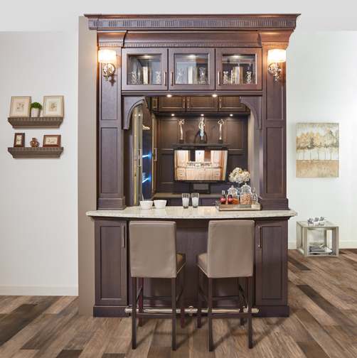 A Hickory Hutch and Refreshment Areas featuring Galena Square cabinet doors in Gauntlet from Wellborn Cabinet, Inc.