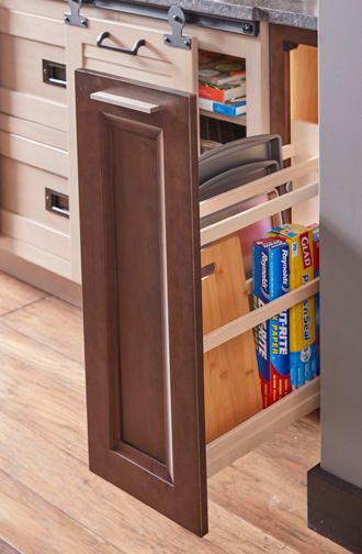 These Brown and Dark cabinets for the 2020 and 2019 Exhibit Booth home were provided by Wellborn Cabinet, Inc.