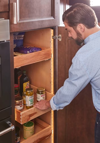 These Brown and Dark cabinets for the 2020 and 2019 Exhibit Booth home were provided by Wellborn Cabinet, Inc.