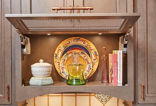 These Dark and Gray cabinets for the 2020 and 2019 Exhibit Booth home were provided by Wellborn Cabinet, Inc.