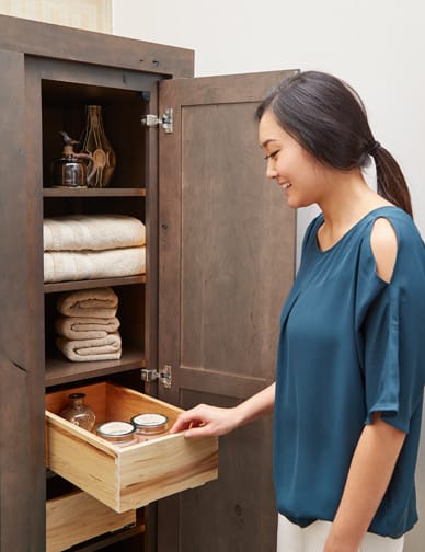 These Medium and Gray cabinets for the 2020 and 2019 Exhibit Booth home were provided by Wellborn Cabinet, Inc.
