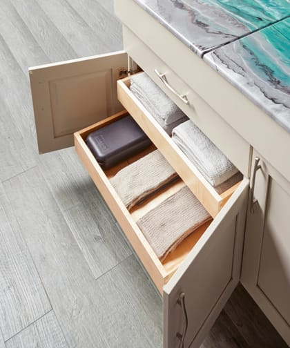 These Beige and Light cabinets for the 2020 and 2019 Exhibit Booth home were provided by Wellborn Cabinet, Inc.