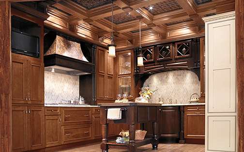 A Cherry Kitchen featuring Melrose cabinet doors in Caramel Java from Wellborn Cabinet, Inc.