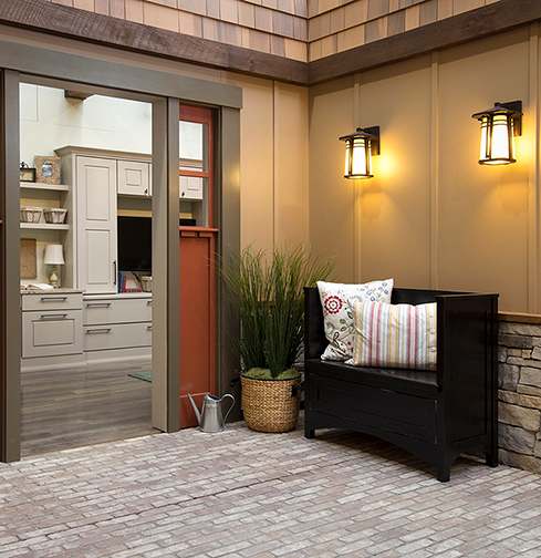 A Oak Other Rooms featuring Hanover Inset cabinet doors in Midnight from Wellborn Cabinet, Inc.