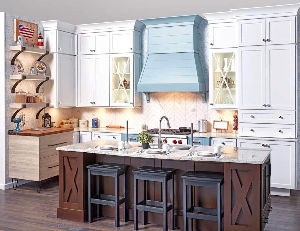 white kitchen with natural island and open shelves