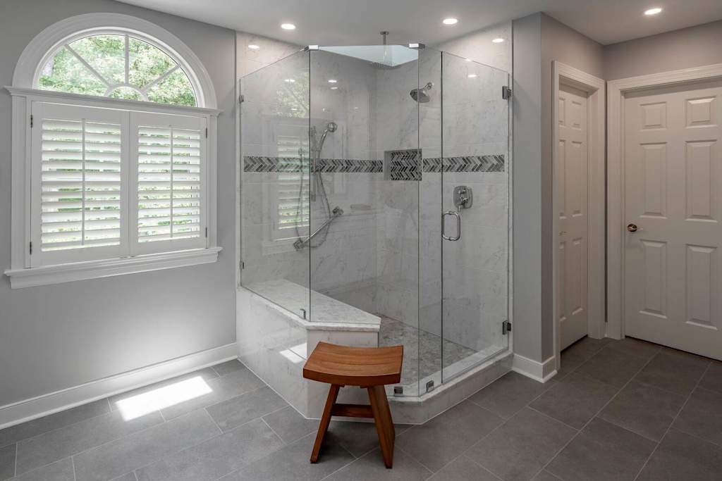 white bathroom with shower