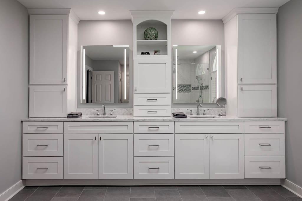 white kitchen vanity with custom sink