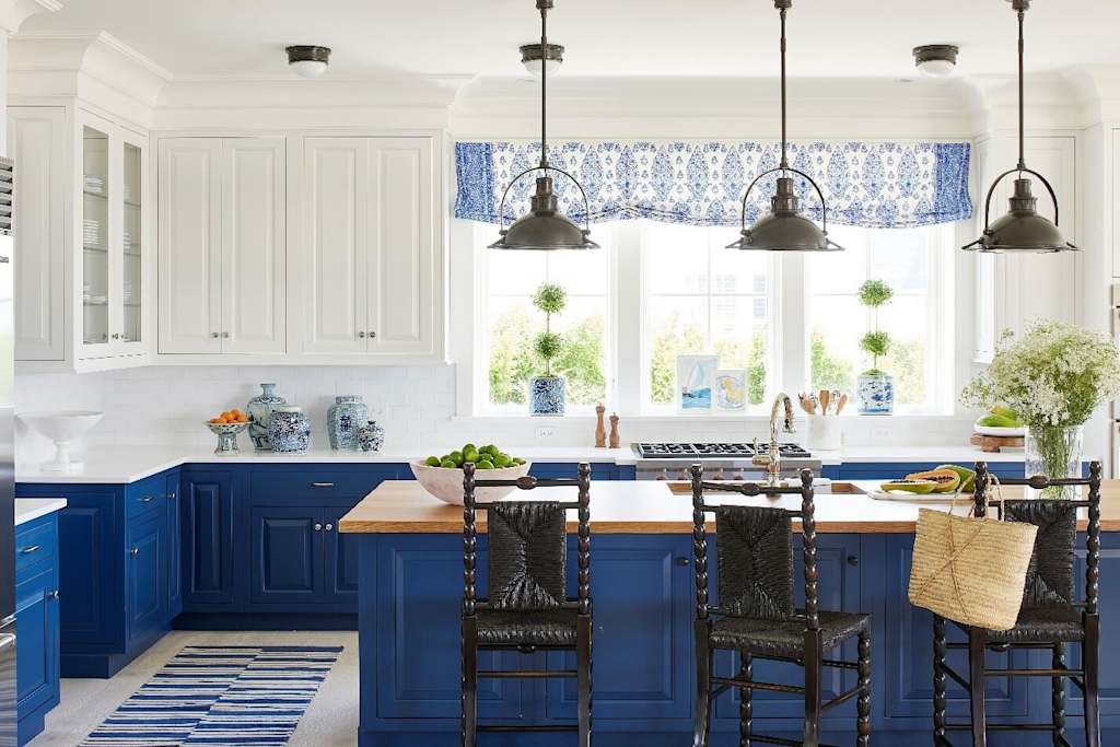 blue and white luxury kitchen cabinets and blue island