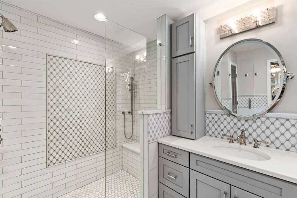 gray bathroom with shower