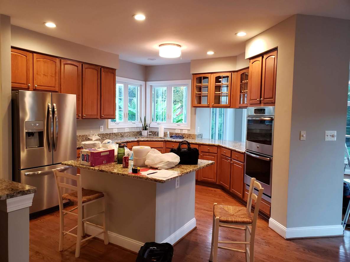 large kitchen with wood cabinets