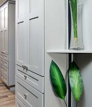 These Gray and Medium cabinets for the 2017 and 2016 Exhibit Booth home were provided by Wellborn Cabinet, Inc.