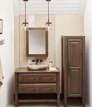 A Character Cherry Bath featuring Seville Square cabinet doors in Drift from Wellborn Cabinet, Inc.
