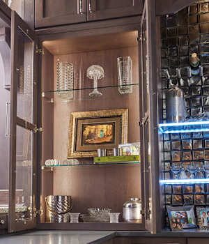 These Gray and Dark cabinets for the 2020 and 2019 Exhibit Booth home were provided by Wellborn Cabinet, Inc.