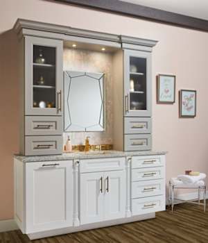 A Medium Density Fiberboard Bath featuring Bishop cabinet doors in Bright White and Dove from Wellborn Cabinet, Inc.
