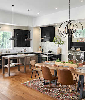 A Maple and Medium Density Fiberboard Kitchen featuring Concord and Hartford cabinet doors in Drift Slate and Onyx from Wellborn Cabinet, Inc.