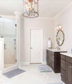 A Maple Bath featuring Millbrook Square cabinet doors in Drift from Wellborn Cabinet, Inc.