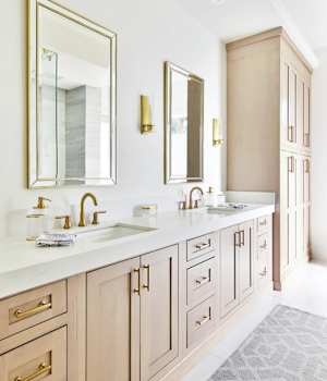 A Maple Bath featuring Hanover Inset cabinet doors in Shale from Wellborn Cabinet, Inc.