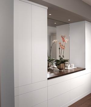 Midtown is Decorative Laminate Veneer Door door group with a Slab cabinet door from Wellborn Cabinet.