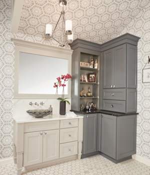 A Medium Density Fiberboard Bath featuring Preston cabinet doors in Willow and Gray Mist from Wellborn Cabinet, Inc.